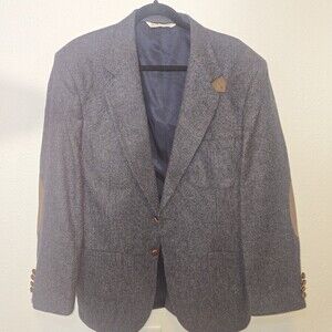 Vintage Him Chic Wool Tweed Blazer Mens 42R USA Made Suede Elbow Patches